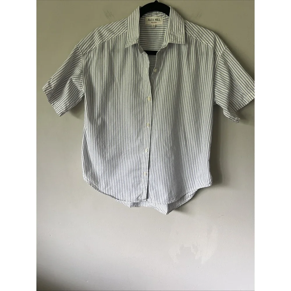 Alex Mill Women's Size S Button Up Short Sleeve Shirt White Blue Stripe Summer